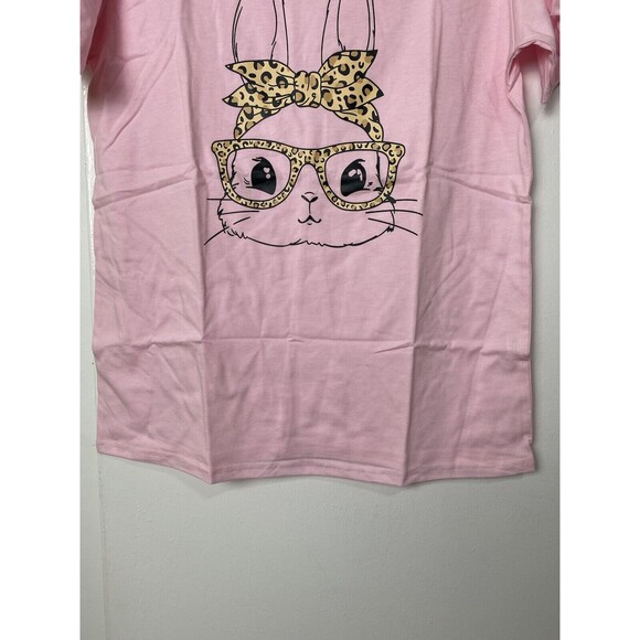 Bunny T-Shirt Women's Size M Pink Leopard Glasses Easter Bunny Graphic Tee - Picture 7 of 11